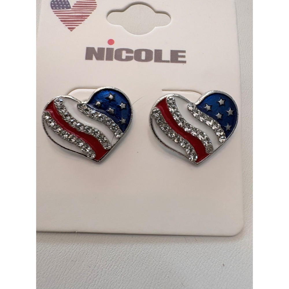 Nicole USA Flag Heart Stud Earrings Patriotic Red White Blue Rhinestone Enamel